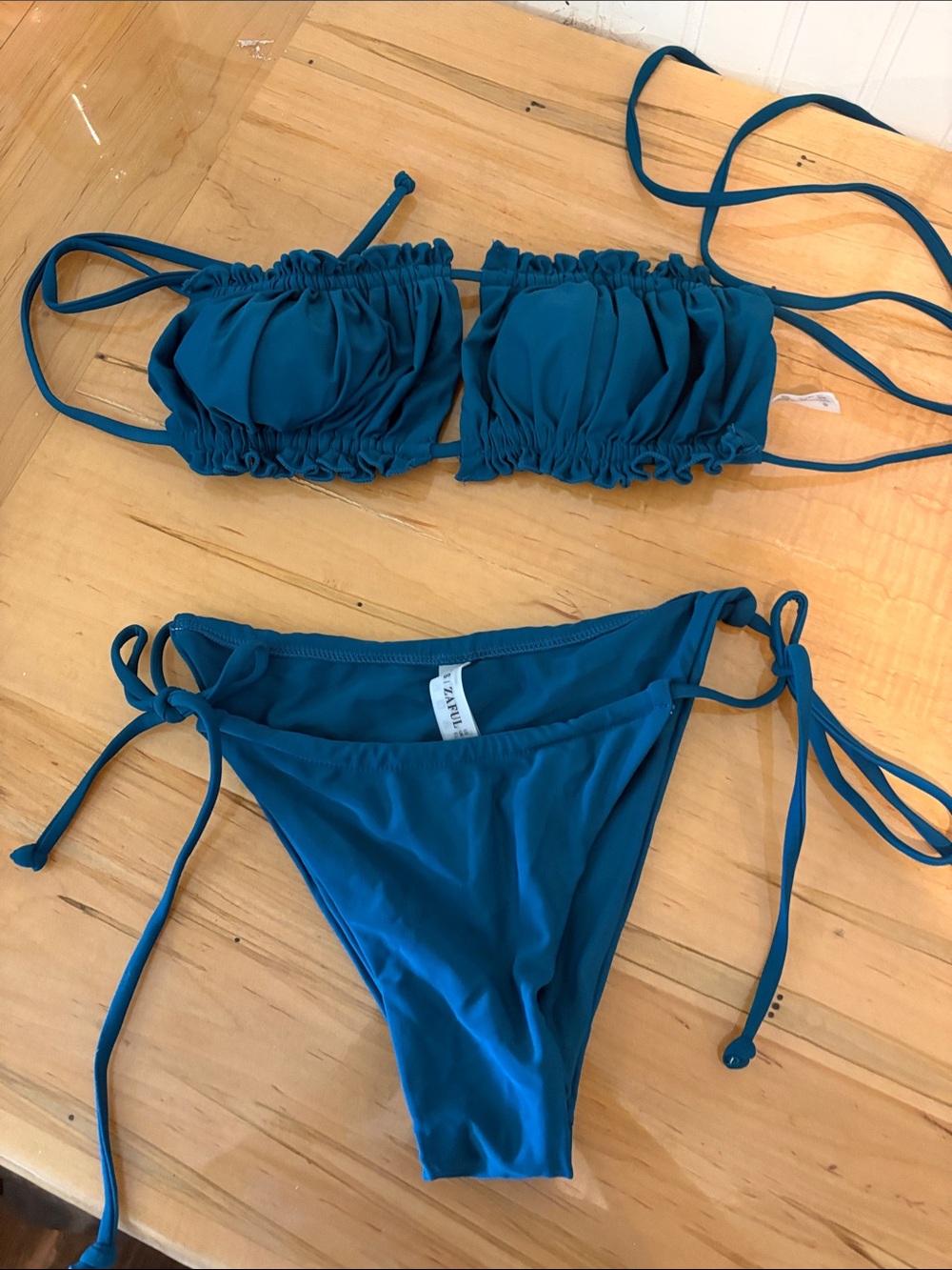 Zaful Teal Blue Ruffled Bandeau String Bikini